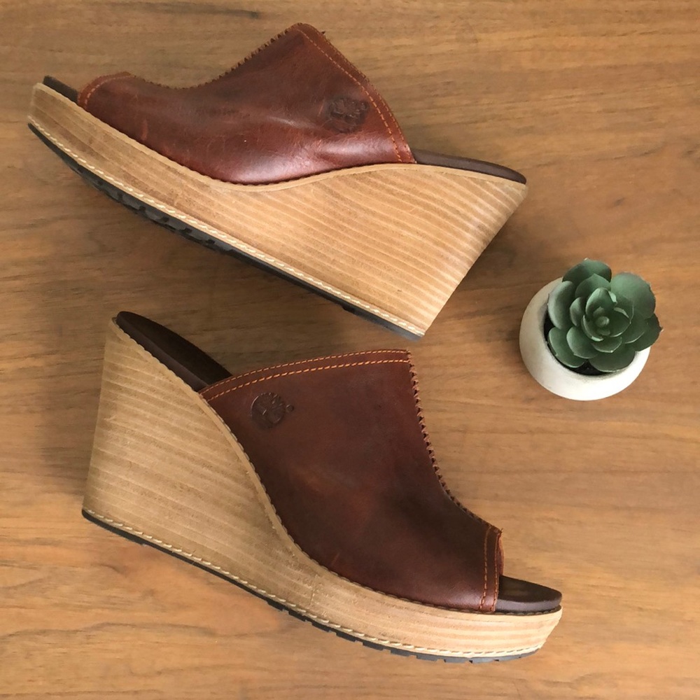 Timberland Chestnut Leather Open-Toe Wedge Mules
